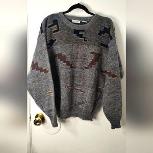 Vintage KOMAN Gray Geometric Knit Sweater Size‎ L Made in Korea